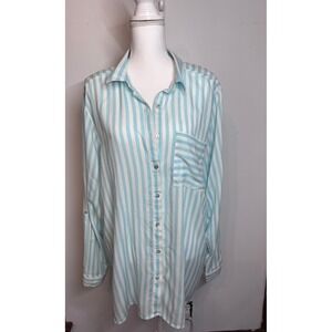 Grand & Greene Womens Turquoise White Striped Roll Tab Button Down Shirt 2X